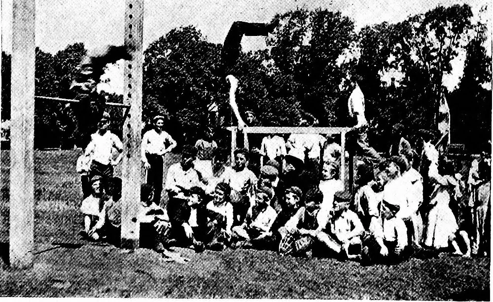 An illustration from Play, comprising games for the kindergarten, playground, schoolroom and college; how to coach and play girls' basket-ball, etc, 1918, leaf 71
