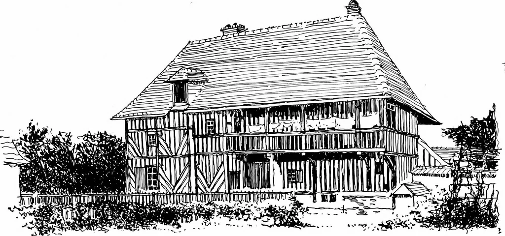 An illustration from Small French buildings; the architecture of town and country, comprising cottages, farmhouses, minor chateaux or manors with their farm groups, small town dwellings, and a few churches, 1921, leaf 74