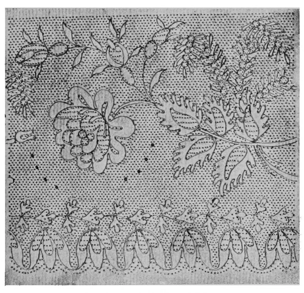 An illustration from The romance of the lace pillow; being the history of lace-making in Bucks, Beds, Northants and neighbouring counties, together with some account of the lace industries of Devon and Ireland, 1919, leaf 132