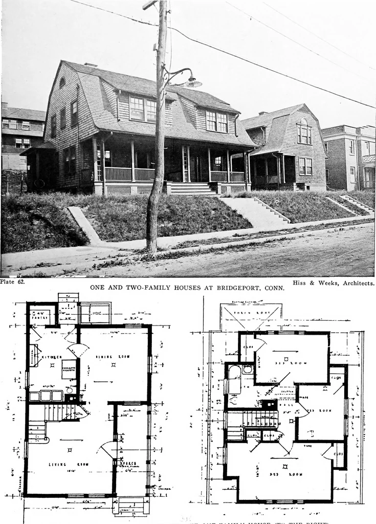 An illustration from The housing book; containing photographic reproductions, with floor plans of workingmen's homes. One and two family houses of frame, brick, stucco and concrete construction; also four, six and nine family apartments. Showing single houses, groups and developments that have been built in various parts of the United States, 1919, leaf 102