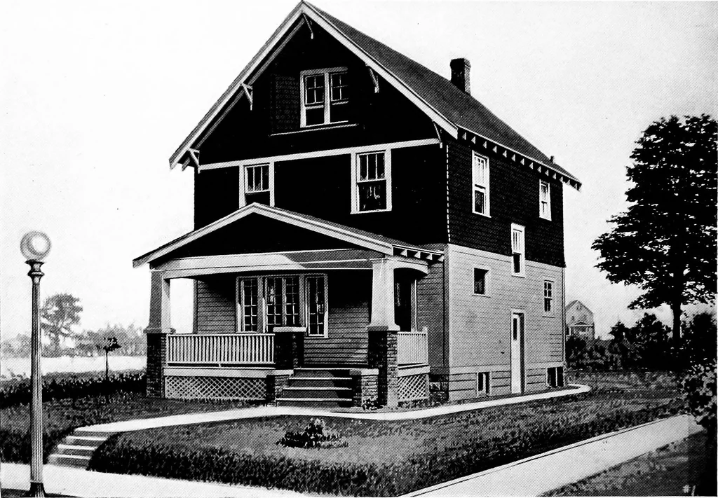 An illustration from The housing book; containing photographic reproductions, with floor plans of workingmen's homes. One and two family houses of frame, brick, stucco and concrete construction; also four, six and nine family apartments. Showing single houses, groups and developments that have been built in various parts of the United States, 1919, leaf 107