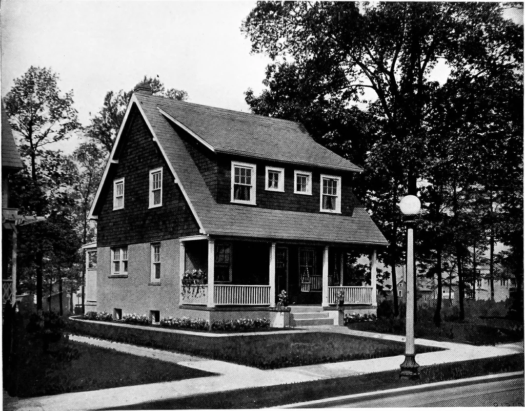 An illustration from The housing book; containing photographic reproductions, with floor plans of workingmen's homes. One and two family houses of frame, brick, stucco and concrete construction; also four, six and nine family apartments. Showing single houses, groups and developments that have been built in various parts of the United States, 1919, leaf 108