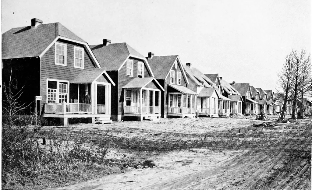 An illustration from The housing book; containing photographic reproductions, with floor plans of workingmen's homes. One and two family houses of frame, brick, stucco and concrete construction; also four, six and nine family apartments. Showing single houses, groups and developments that have been built in various parts of the United States, 1919, leaf 110