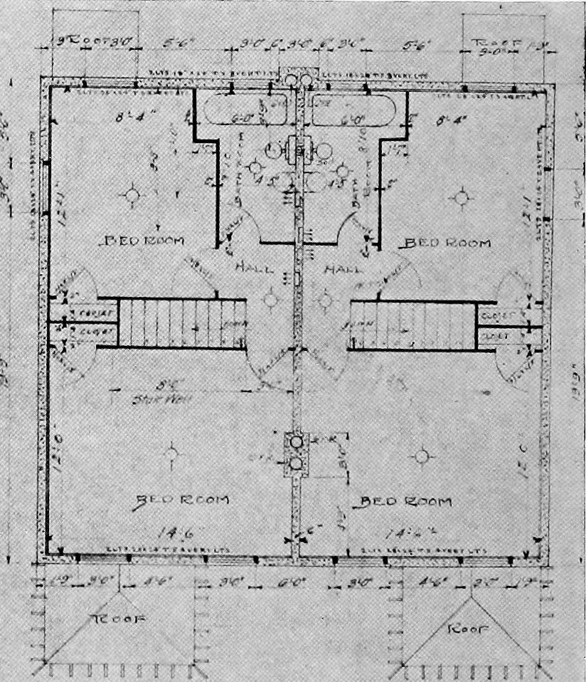An illustration from The housing book; containing photographic reproductions, with floor plans of workingmen's homes. One and two family houses of frame, brick, stucco and concrete construction; also four, six and nine family apartments. Showing single houses, groups and developments that have been built in various parts of the United States, 1919, leaf 115