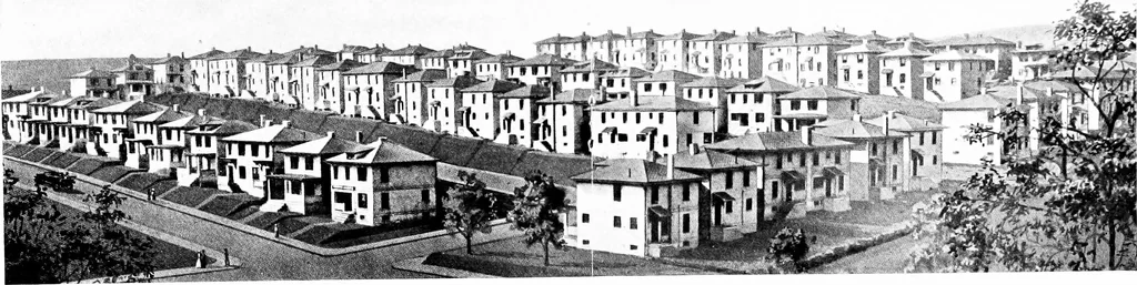 An illustration from The housing book; containing photographic reproductions, with floor plans of workingmen's homes. One and two family houses of frame, brick, stucco and concrete construction; also four, six and nine family apartments. Showing single houses, groups and developments that have been built in various parts of the United States, 1919, leaf 116