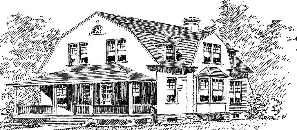 An illustration from The housing book; containing photographic reproductions, with floor plans of workingmen's homes. One and two family houses of frame, brick, stucco and concrete construction; also four, six and nine family apartments. Showing single houses, groups and developments that have been built in various parts of the United States, 1919, leaf 123