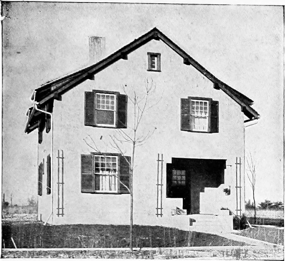 An illustration from The housing book; containing photographic reproductions, with floor plans of workingmen's homes. One and two family houses of frame, brick, stucco and concrete construction; also four, six and nine family apartments. Showing single houses, groups and developments that have been built in various parts of the United States, 1919, leaf 126