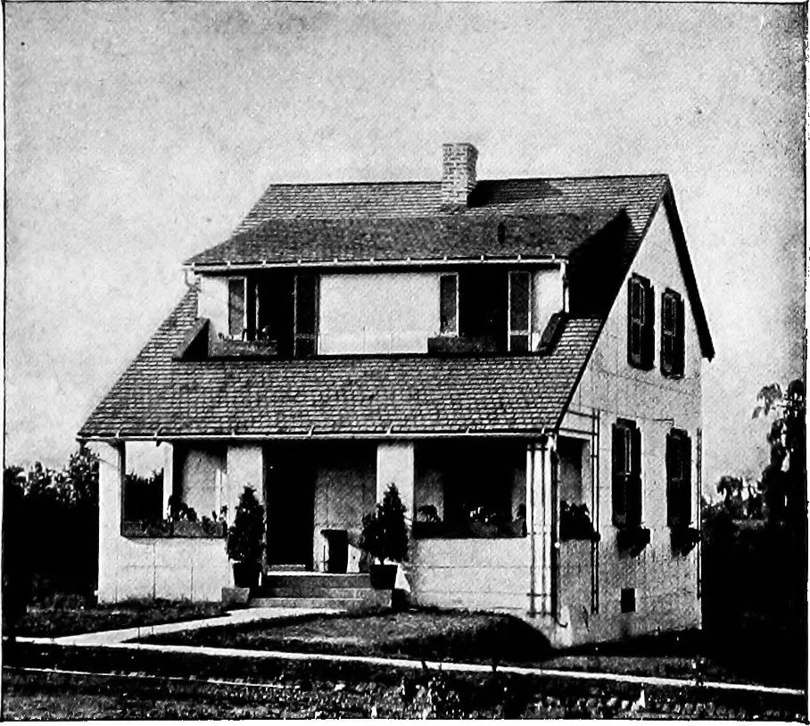 An illustration from The housing book; containing photographic reproductions, with floor plans of workingmen's homes. One and two family houses of frame, brick, stucco and concrete construction; also four, six and nine family apartments. Showing single houses, groups and developments that have been built in various parts of the United States, 1919, leaf 126
