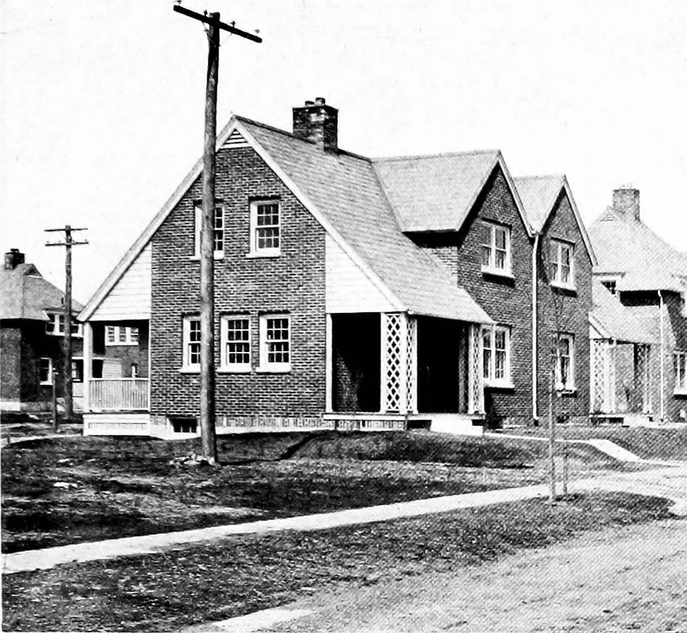 An illustration from The housing book; containing photographic reproductions, with floor plans of workingmen's homes. One and two family houses of frame, brick, stucco and concrete construction; also four, six and nine family apartments. Showing single houses, groups and developments that have been built in various parts of the United States, 1919, leaf 132