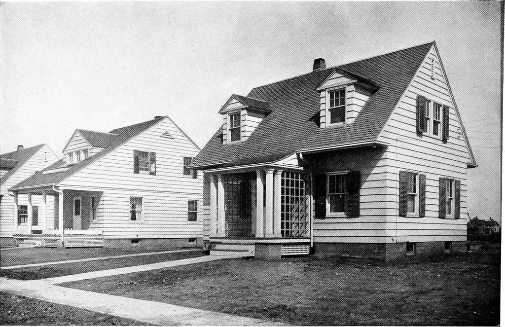 An illustration from The housing book; containing photographic reproductions, with floor plans of workingmen's homes. One and two family houses of frame, brick, stucco and concrete construction; also four, six and nine family apartments. Showing single houses, groups and developments that have been built in various parts of the United States, 1919, leaf 25