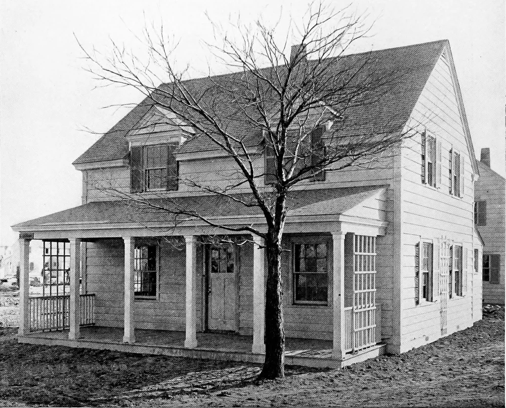 An illustration from The housing book; containing photographic reproductions, with floor plans of workingmen's homes. One and two family houses of frame, brick, stucco and concrete construction; also four, six and nine family apartments. Showing single houses, groups and developments that have been built in various parts of the United States, 1919, leaf 35