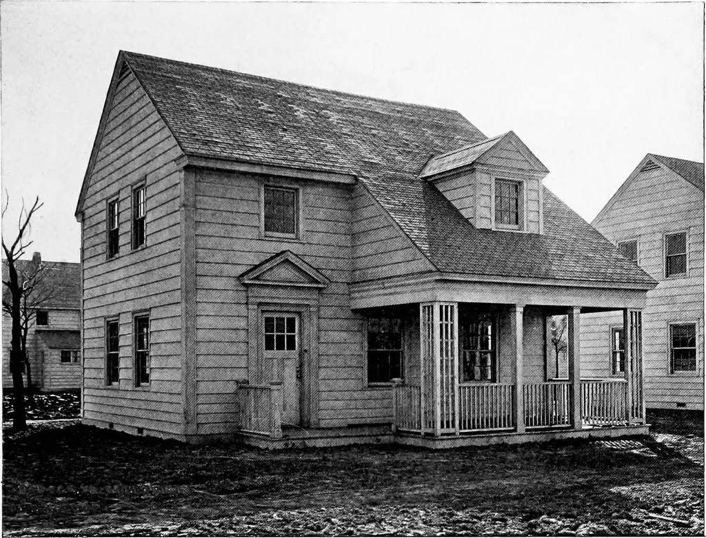 An illustration from The housing book; containing photographic reproductions, with floor plans of workingmen's homes. One and two family houses of frame, brick, stucco and concrete construction; also four, six and nine family apartments. Showing single houses, groups and developments that have been built in various parts of the United States, 1919, leaf 36