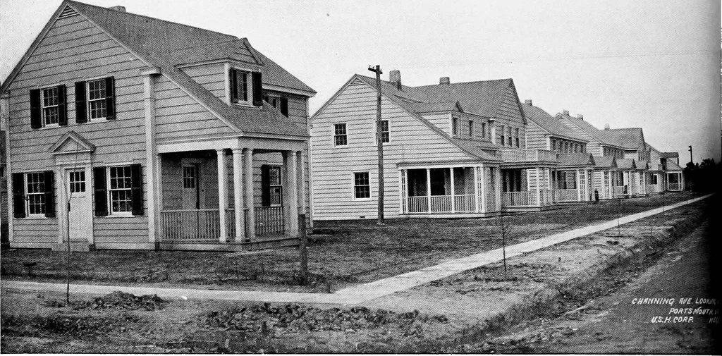 An illustration from The housing book; containing photographic reproductions, with floor plans of workingmen's homes. One and two family houses of frame, brick, stucco and concrete construction; also four, six and nine family apartments. Showing single houses, groups and developments that have been built in various parts of the United States, 1919, leaf 37
