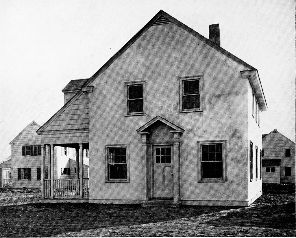 An illustration from The housing book; containing photographic reproductions, with floor plans of workingmen's homes. One and two family houses of frame, brick, stucco and concrete construction; also four, six and nine family apartments. Showing single houses, groups and developments that have been built in various parts of the United States, 1919, leaf 39