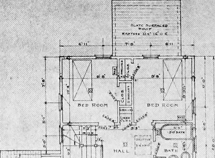 An illustration from The housing book; containing photographic reproductions, with floor plans of workingmen's homes. One and two family houses of frame, brick, stucco and concrete construction; also four, six and nine family apartments. Showing single houses, groups and developments that have been built in various parts of the United States, 1919, leaf 39