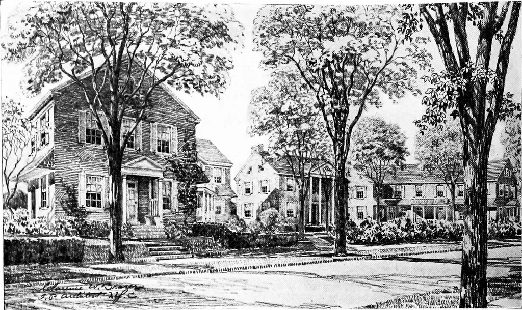 An illustration from The housing book; containing photographic reproductions, with floor plans of workingmen's homes. One and two family houses of frame, brick, stucco and concrete construction; also four, six and nine family apartments. Showing single houses, groups and developments that have been built in various parts of the United States, 1919, leaf 45