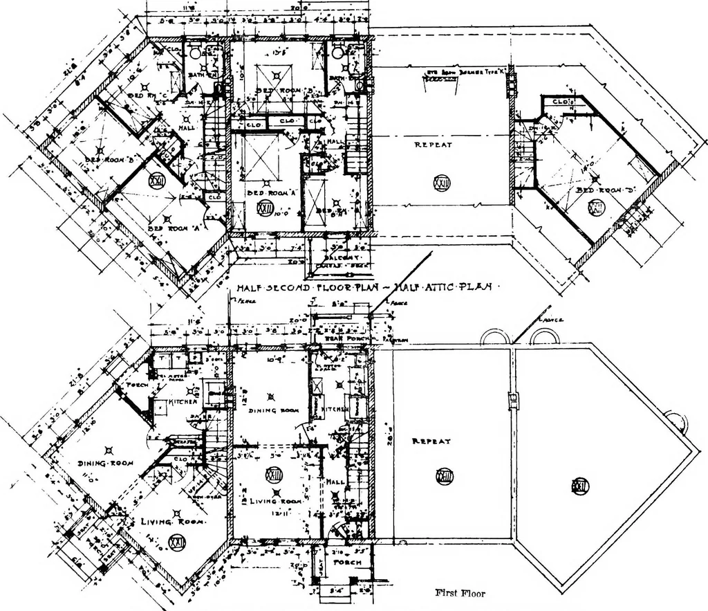 An illustration from The housing book; containing photographic reproductions, with floor plans of workingmen's homes. One and two family houses of frame, brick, stucco and concrete construction; also four, six and nine family apartments. Showing single houses, groups and developments that have been built in various parts of the United States, 1919, leaf 45