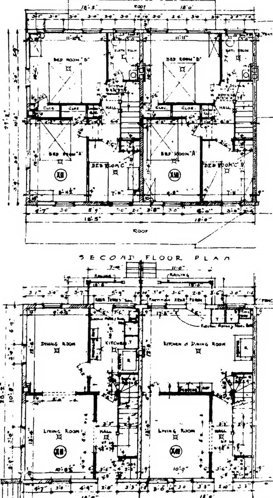 An illustration from The housing book; containing photographic reproductions, with floor plans of workingmen's homes. One and two family houses of frame, brick, stucco and concrete construction; also four, six and nine family apartments. Showing single houses, groups and developments that have been built in various parts of the United States, 1919, leaf 46