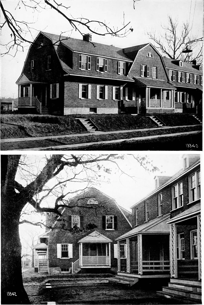 An illustration from The housing book; containing photographic reproductions, with floor plans of workingmen's homes. One and two family houses of frame, brick, stucco and concrete construction; also four, six and nine family apartments. Showing single houses, groups and developments that have been built in various parts of the United States, 1919, leaf 49