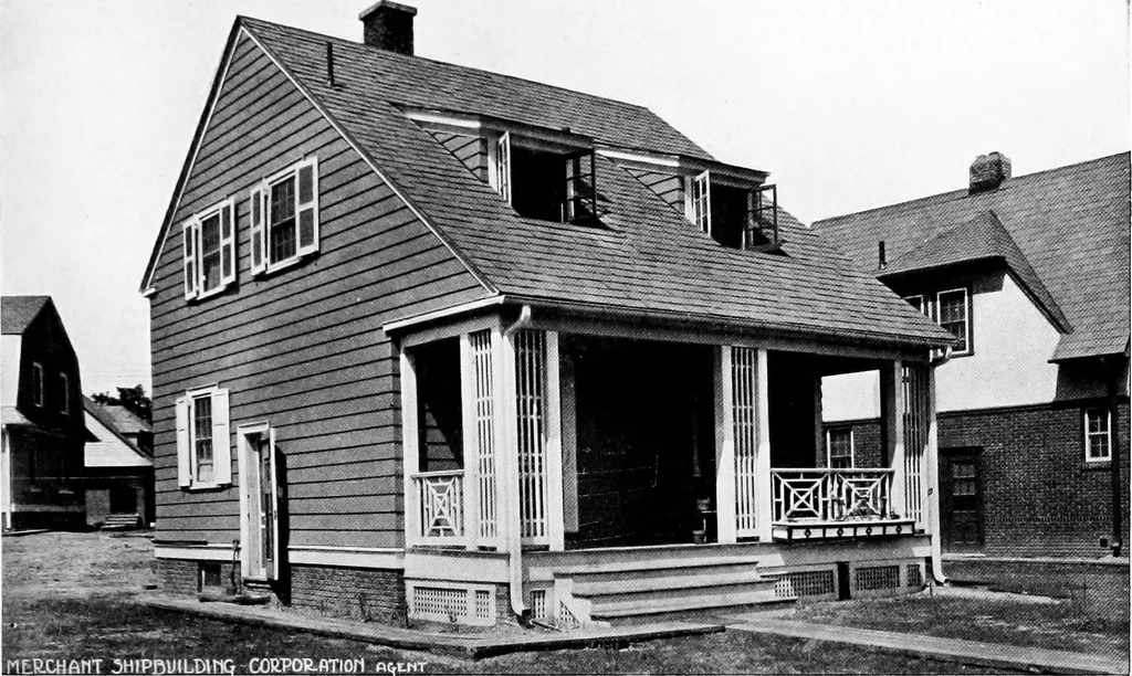 An illustration from The housing book; containing photographic reproductions, with floor plans of workingmen's homes. One and two family houses of frame, brick, stucco and concrete construction; also four, six and nine family apartments. Showing single houses, groups and developments that have been built in various parts of the United States, 1919, leaf 54