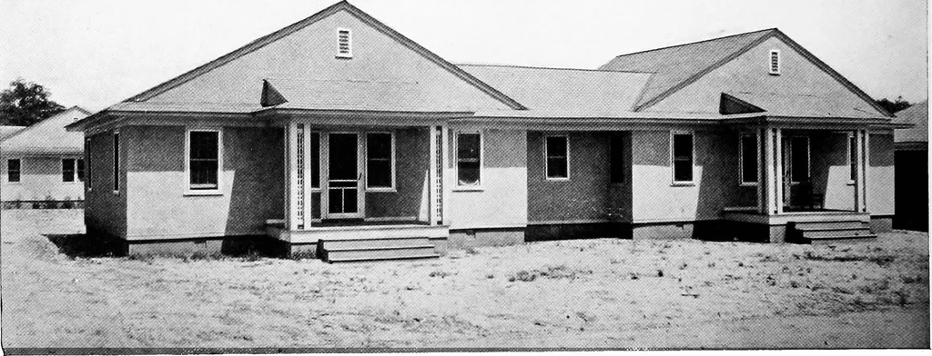 An illustration from The housing book; containing photographic reproductions, with floor plans of workingmen's homes. One and two family houses of frame, brick, stucco and concrete construction; also four, six and nine family apartments. Showing single houses, groups and developments that have been built in various parts of the United States, 1919, leaf 55