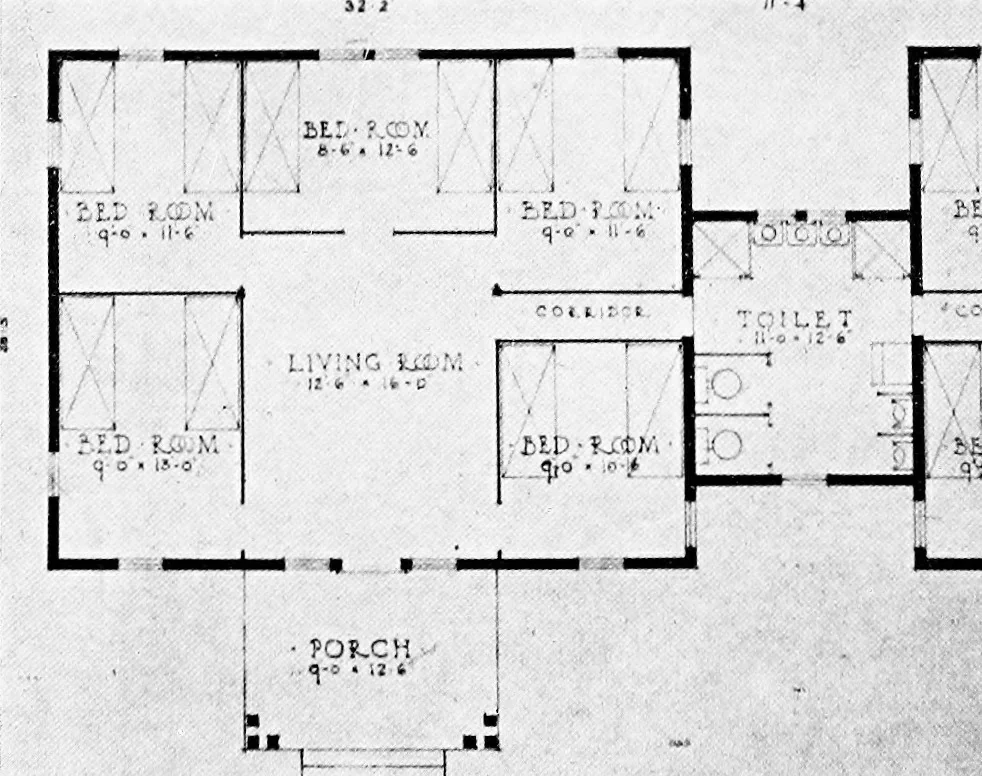 An illustration from The housing book; containing photographic reproductions, with floor plans of workingmen's homes. One and two family houses of frame, brick, stucco and concrete construction; also four, six and nine family apartments. Showing single houses, groups and developments that have been built in various parts of the United States, 1919, leaf 55