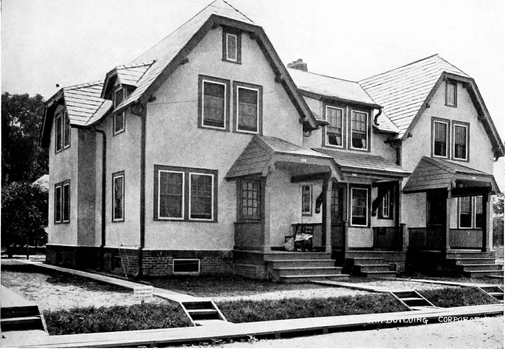 An illustration from The housing book; containing photographic reproductions, with floor plans of workingmen's homes. One and two family houses of frame, brick, stucco and concrete construction; also four, six and nine family apartments. Showing single houses, groups and developments that have been built in various parts of the United States, 1919, leaf 56
