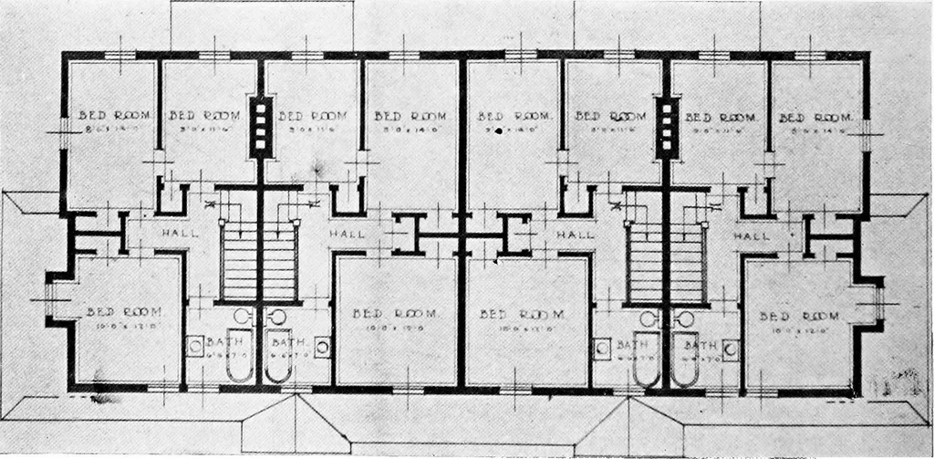 An illustration from The housing book; containing photographic reproductions, with floor plans of workingmen's homes. One and two family houses of frame, brick, stucco and concrete construction; also four, six and nine family apartments. Showing single houses, groups and developments that have been built in various parts of the United States, 1919, leaf 57