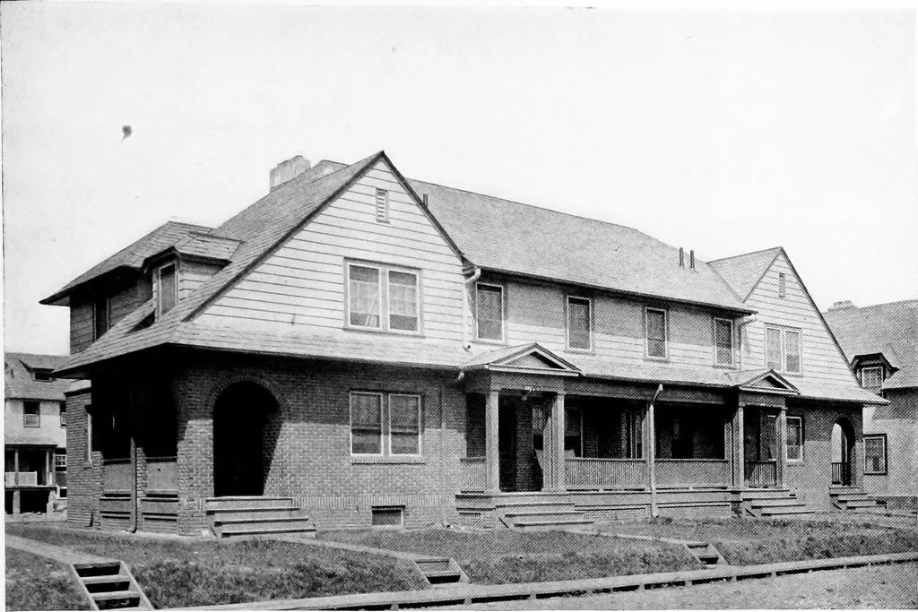 An illustration from The housing book; containing photographic reproductions, with floor plans of workingmen's homes. One and two family houses of frame, brick, stucco and concrete construction; also four, six and nine family apartments. Showing single houses, groups and developments that have been built in various parts of the United States, 1919, leaf 58