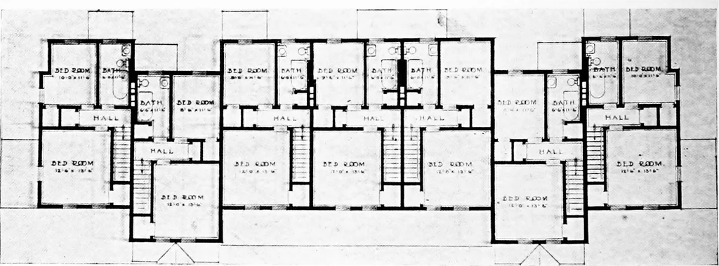 An illustration from The housing book; containing photographic reproductions, with floor plans of workingmen's homes. One and two family houses of frame, brick, stucco and concrete construction; also four, six and nine family apartments. Showing single houses, groups and developments that have been built in various parts of the United States, 1919, leaf 59