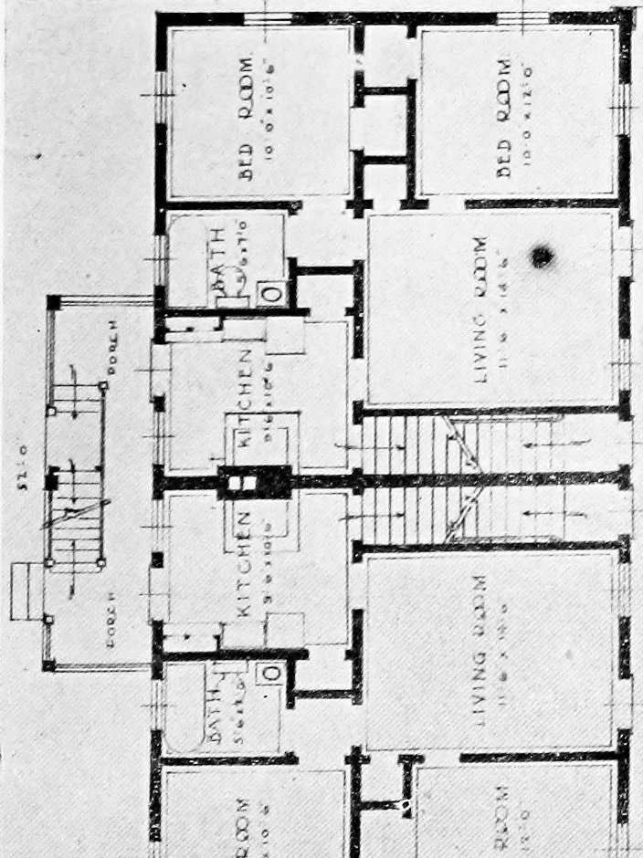 An illustration from The housing book; containing photographic reproductions, with floor plans of workingmen's homes. One and two family houses of frame, brick, stucco and concrete construction; also four, six and nine family apartments. Showing single houses, groups and developments that have been built in various parts of the United States, 1919, leaf 60