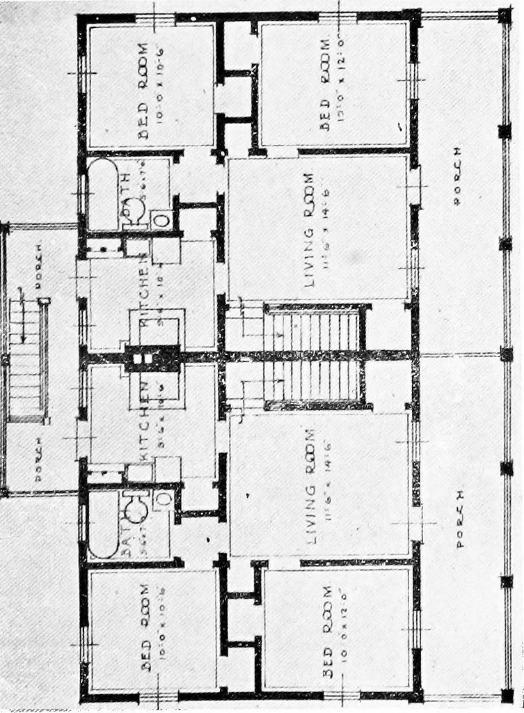An illustration from The housing book; containing photographic reproductions, with floor plans of workingmen's homes. One and two family houses of frame, brick, stucco and concrete construction; also four, six and nine family apartments. Showing single houses, groups and developments that have been built in various parts of the United States, 1919, leaf 60