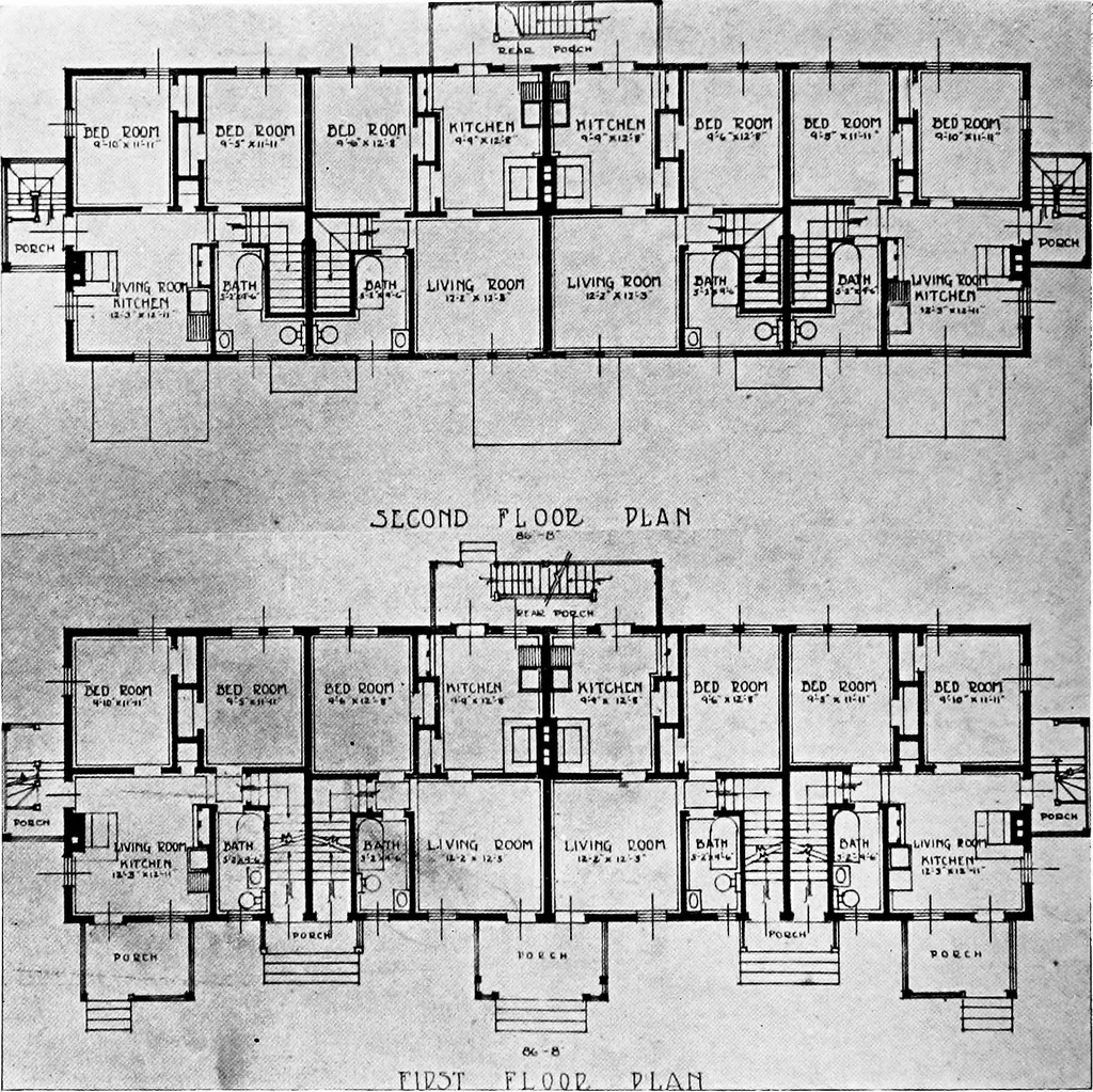 An illustration from The housing book; containing photographic reproductions, with floor plans of workingmen's homes. One and two family houses of frame, brick, stucco and concrete construction; also four, six and nine family apartments. Showing single houses, groups and developments that have been built in various parts of the United States, 1919, leaf 61