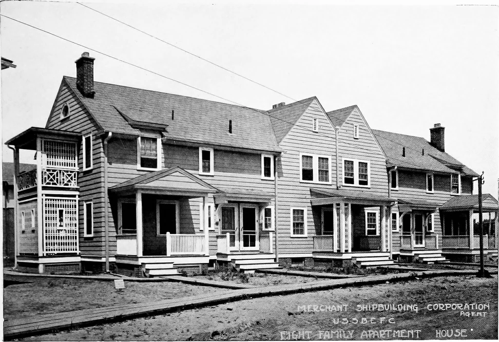 An illustration from The housing book; containing photographic reproductions, with floor plans of workingmen's homes. One and two family houses of frame, brick, stucco and concrete construction; also four, six and nine family apartments. Showing single houses, groups and developments that have been built in various parts of the United States, 1919, leaf 62