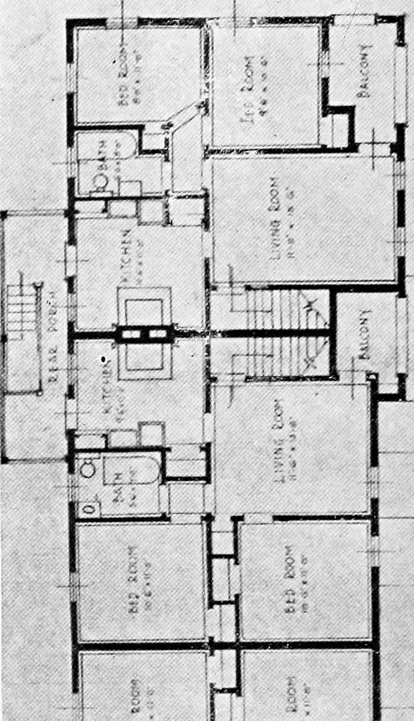 An illustration from The housing book; containing photographic reproductions, with floor plans of workingmen's homes. One and two family houses of frame, brick, stucco and concrete construction; also four, six and nine family apartments. Showing single houses, groups and developments that have been built in various parts of the United States, 1919, leaf 63