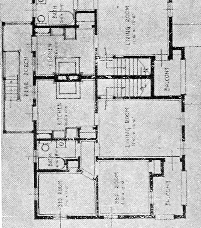 An illustration from The housing book; containing photographic reproductions, with floor plans of workingmen's homes. One and two family houses of frame, brick, stucco and concrete construction; also four, six and nine family apartments. Showing single houses, groups and developments that have been built in various parts of the United States, 1919, leaf 63