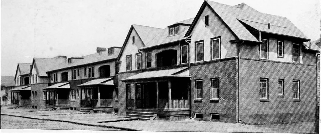 An illustration from The housing book; containing photographic reproductions, with floor plans of workingmen's homes. One and two family houses of frame, brick, stucco and concrete construction; also four, six and nine family apartments. Showing single houses, groups and developments that have been built in various parts of the United States, 1919, leaf 64