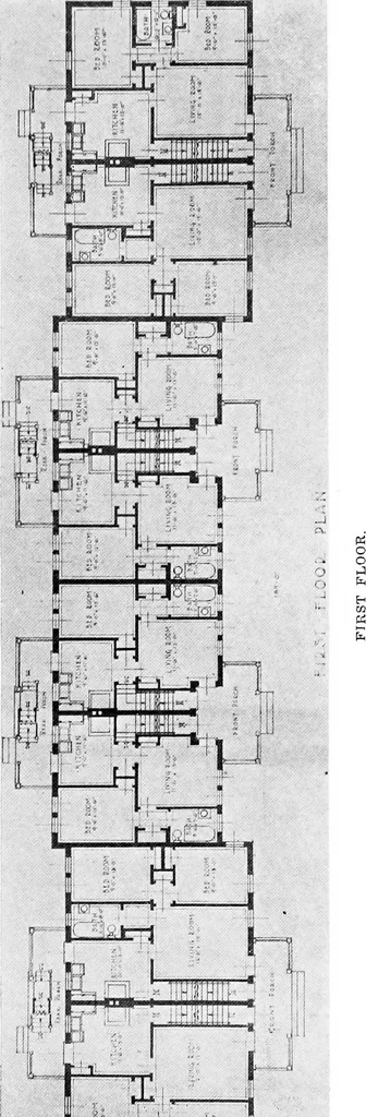 An illustration from The housing book; containing photographic reproductions, with floor plans of workingmen's homes. One and two family houses of frame, brick, stucco and concrete construction; also four, six and nine family apartments. Showing single houses, groups and developments that have been built in various parts of the United States, 1919, leaf 65