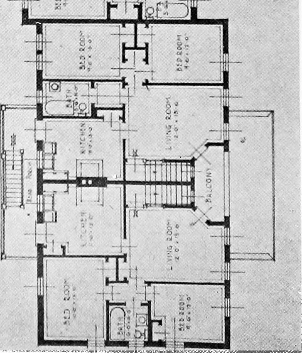 An illustration from The housing book; containing photographic reproductions, with floor plans of workingmen's homes. One and two family houses of frame, brick, stucco and concrete construction; also four, six and nine family apartments. Showing single houses, groups and developments that have been built in various parts of the United States, 1919, leaf 65