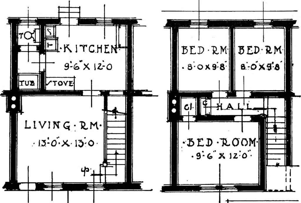 An illustration from The housing book; containing photographic reproductions, with floor plans of workingmen's homes. One and two family houses of frame, brick, stucco and concrete construction; also four, six and nine family apartments. Showing single houses, groups and developments that have been built in various parts of the United States, 1919, leaf 70