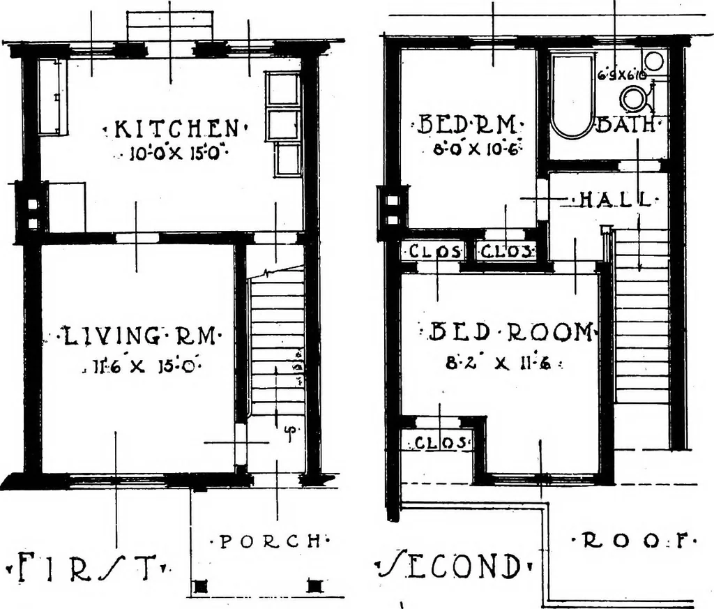 An illustration from The housing book; containing photographic reproductions, with floor plans of workingmen's homes. One and two family houses of frame, brick, stucco and concrete construction; also four, six and nine family apartments. Showing single houses, groups and developments that have been built in various parts of the United States, 1919, leaf 71