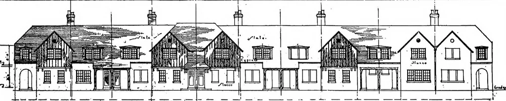 An illustration from The housing book; containing photographic reproductions, with floor plans of workingmen's homes. One and two family houses of frame, brick, stucco and concrete construction; also four, six and nine family apartments. Showing single houses, groups and developments that have been built in various parts of the United States, 1919, leaf 71