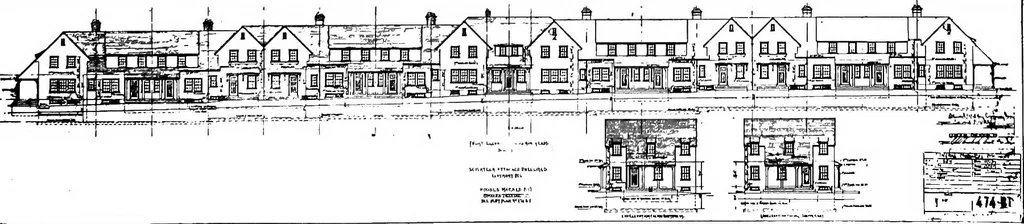 An illustration from The housing book; containing photographic reproductions, with floor plans of workingmen's homes. One and two family houses of frame, brick, stucco and concrete construction; also four, six and nine family apartments. Showing single houses, groups and developments that have been built in various parts of the United States, 1919, leaf 72
