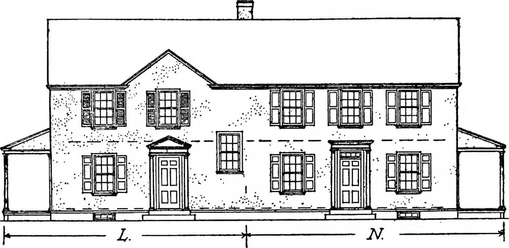 An illustration from The housing book; containing photographic reproductions, with floor plans of workingmen's homes. One and two family houses of frame, brick, stucco and concrete construction; also four, six and nine family apartments. Showing single houses, groups and developments that have been built in various parts of the United States, 1919, leaf 77