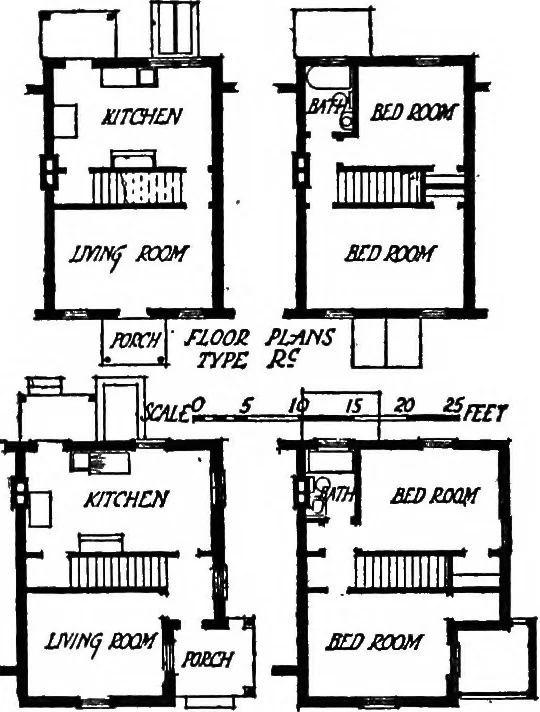An illustration from The housing book; containing photographic reproductions, with floor plans of workingmen's homes. One and two family houses of frame, brick, stucco and concrete construction; also four, six and nine family apartments. Showing single houses, groups and developments that have been built in various parts of the United States, 1919, leaf 77