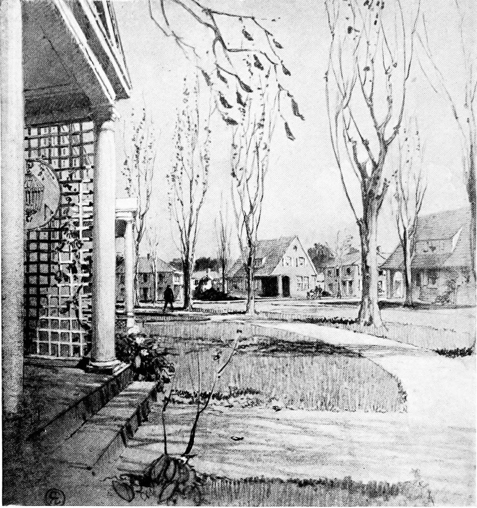 An illustration from The housing book; containing photographic reproductions, with floor plans of workingmen's homes. One and two family houses of frame, brick, stucco and concrete construction; also four, six and nine family apartments. Showing single houses, groups and developments that have been built in various parts of the United States, 1919, leaf 79