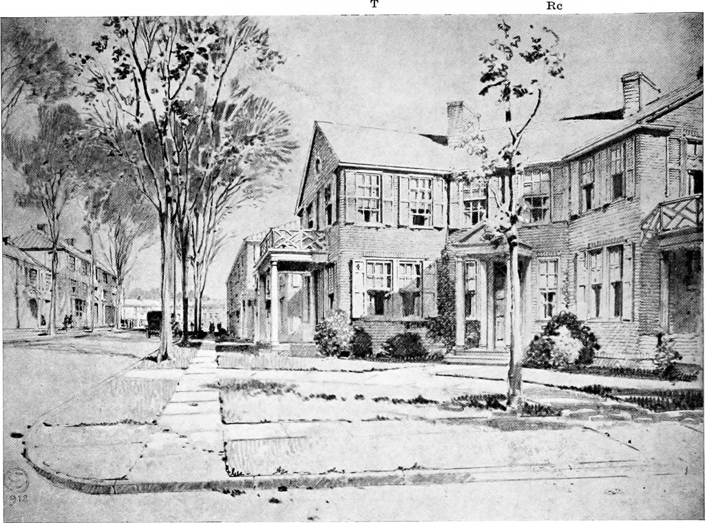 An illustration from The housing book; containing photographic reproductions, with floor plans of workingmen's homes. One and two family houses of frame, brick, stucco and concrete construction; also four, six and nine family apartments. Showing single houses, groups and developments that have been built in various parts of the United States, 1919, leaf 81