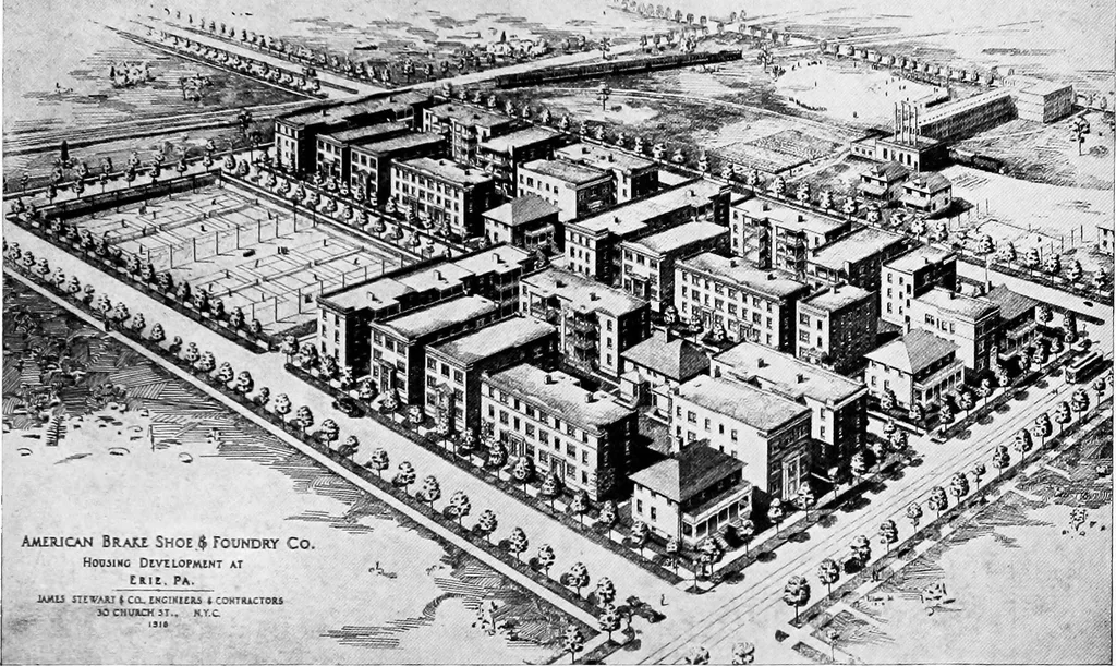 An illustration from The housing book; containing photographic reproductions, with floor plans of workingmen's homes. One and two family houses of frame, brick, stucco and concrete construction; also four, six and nine family apartments. Showing single houses, groups and developments that have been built in various parts of the United States, 1919, leaf 84