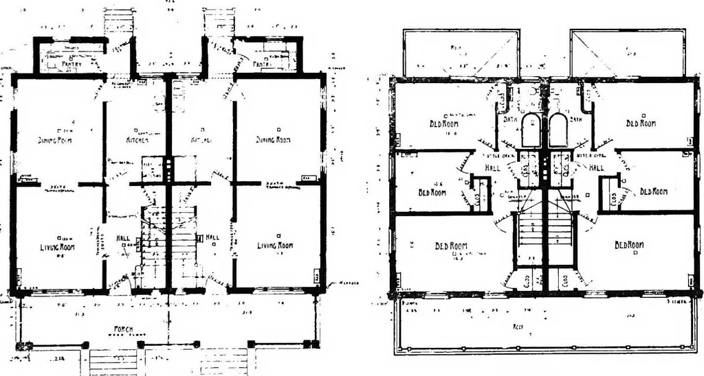 An illustration from The housing book; containing photographic reproductions, with floor plans of workingmen's homes. One and two family houses of frame, brick, stucco and concrete construction; also four, six and nine family apartments. Showing single houses, groups and developments that have been built in various parts of the United States, 1919, leaf 84