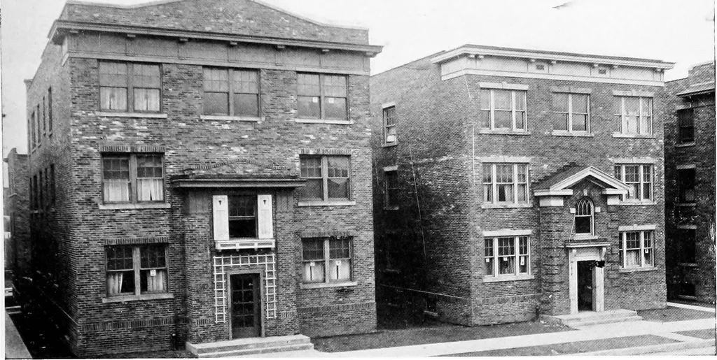 An illustration from The housing book; containing photographic reproductions, with floor plans of workingmen's homes. One and two family houses of frame, brick, stucco and concrete construction; also four, six and nine family apartments. Showing single houses, groups and developments that have been built in various parts of the United States, 1919, leaf 88